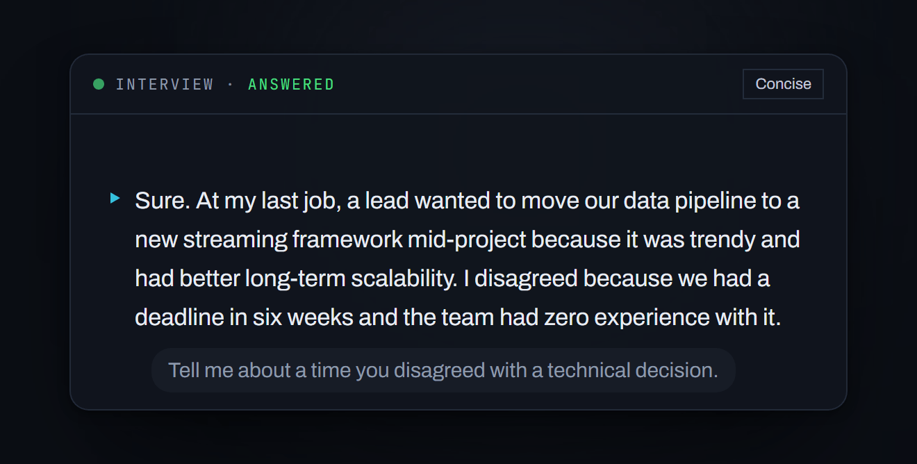 The CueCircle overlay answering an interview question, the answer arriving a few words at a time until the card is complete.