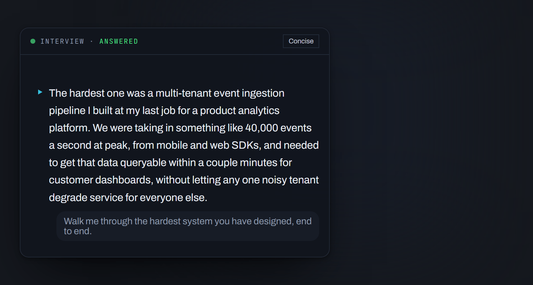 The CueCircle card answering an interview question about the hardest system you have designed, the answer arriving a few words at a time until it is complete.