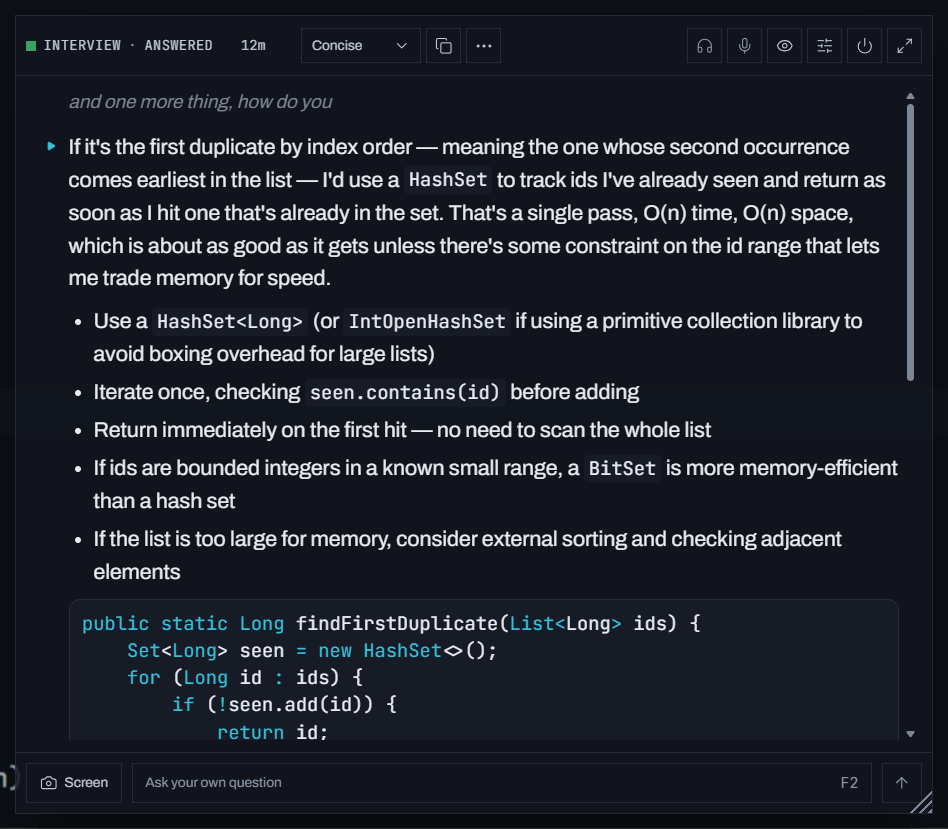 The same overlay over a code editor, with a syntax coloured Java answer on its code plate.